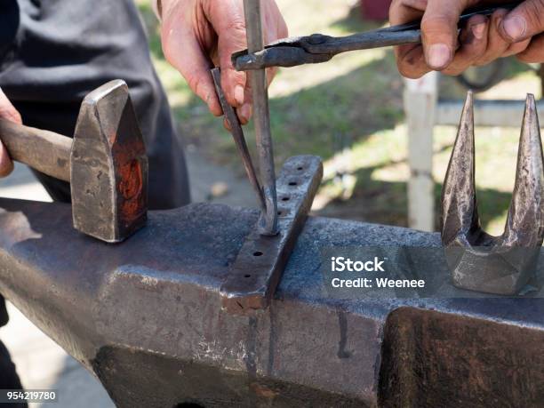 Blacksmith Forge With Hammer Iron On Anvil Stock Photo - Download Image Now - Metalwork, Blacksmith, Medieval