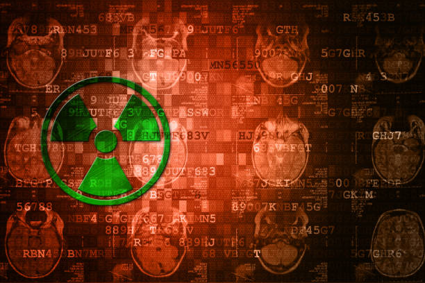 Green Pixelated Radiation icon on orange digital background with copy space. Science concept.