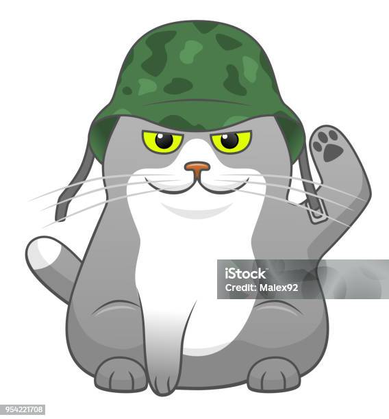 Cartoon Cute Cat With Helmet Stock Illustration - Download Image Now - Army Soldier, Domestic Cat, Animal