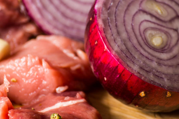 raw meat cut into pieces, pork prepared for cooking, red meat, cuisine