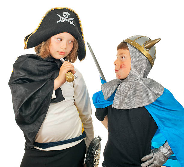 istock Boy and girl in costume knight 95422480