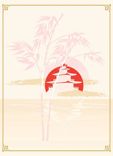 Vector illustration of Japanese Pagoda, Bamboo and Sun