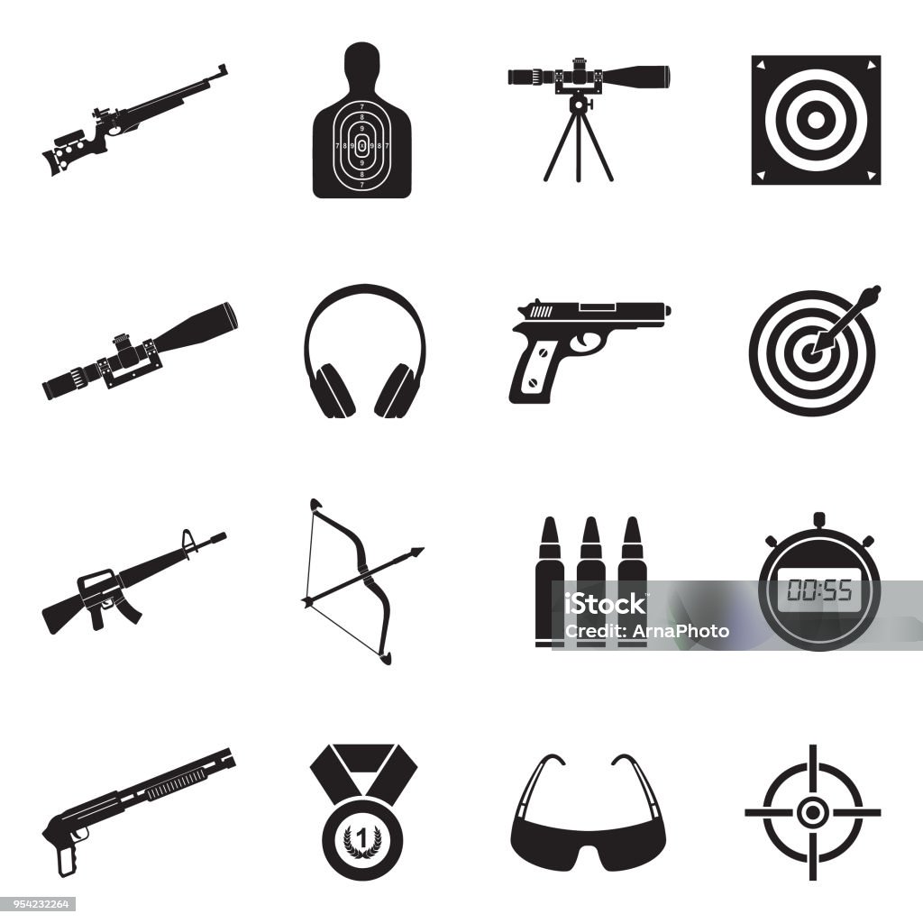 Shooting Range Icons. Black Flat Design. Vector Illustration. Target, Weapons, Sports, Shooting Range Gun stock vector
