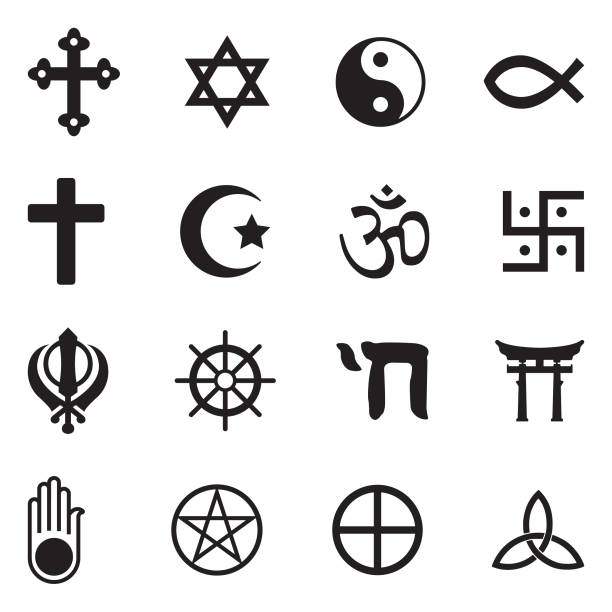 Religion Symbols Icons. Black Flat Design. Vector Illustration. Symbols Of World Religions pentagram stock illustrations