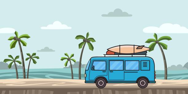 синий минивэн с доской для серфинга и багажом на красочном фоне морского пейзажа с пальмами и морскими волнами. машина серфера на пляже. илл - jeep 4x4 off road vehicle adventure stock illustrations