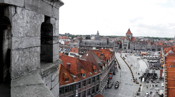 Rooftops of residential buildings and street in Tournai, Belgium