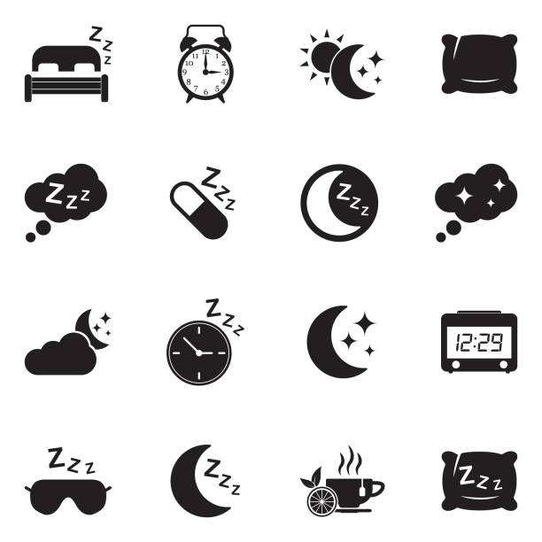 ilustraciones, imágenes clip art, dibujos animados e iconos de stock de dormir los iconos. diseño plano negro. ilustración de vector. - sleeping insomnia alarm clock clock