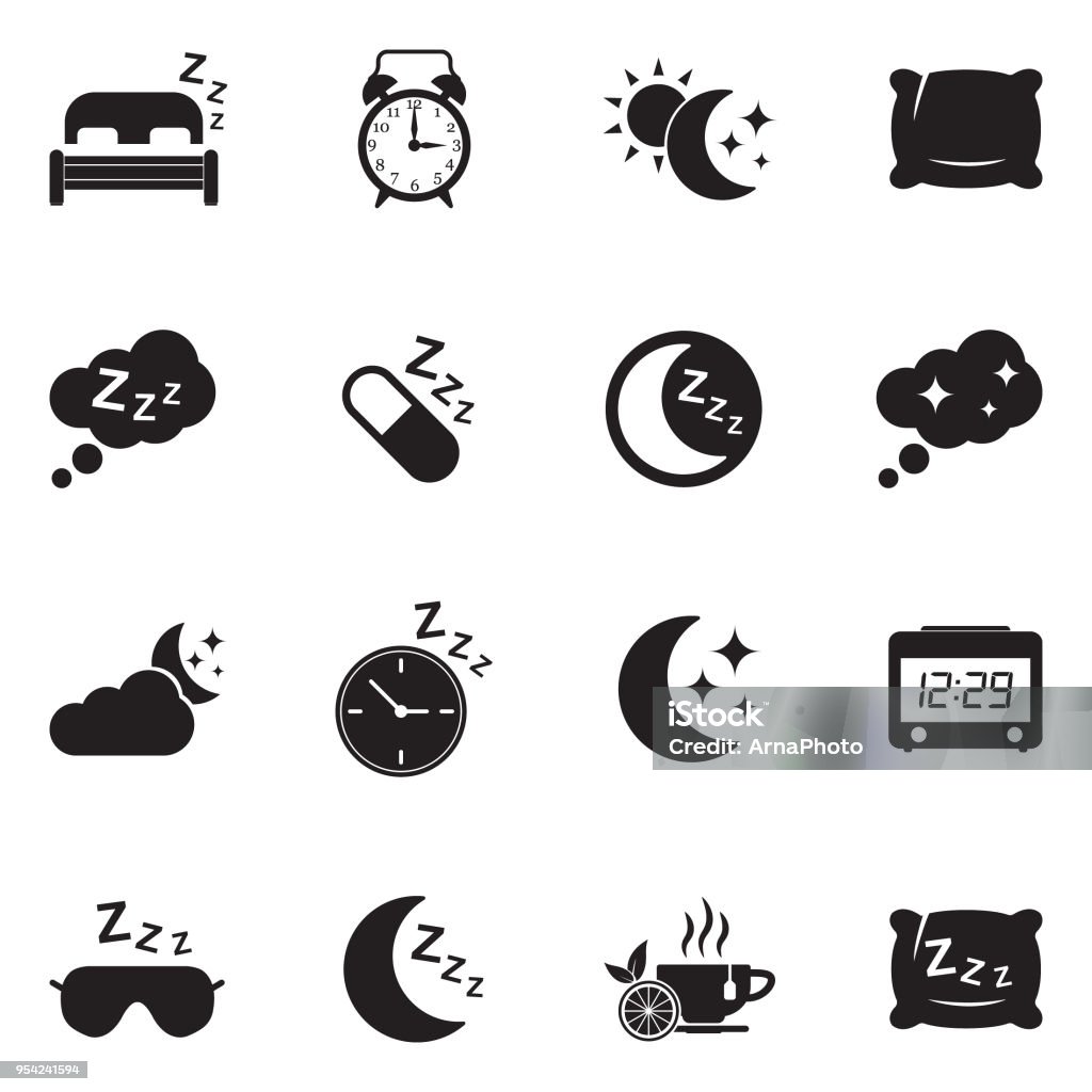 Sleep Icons. Black Flat Design. Vector Illustration. Sleep, Dreaming, Pillow, ZZZ, Sleep Apnea Icon Symbol stock vector