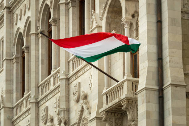 drapeau hongrois à la chambre du parlement hongrois à budapest - drapeau hongrois photos et images de collection