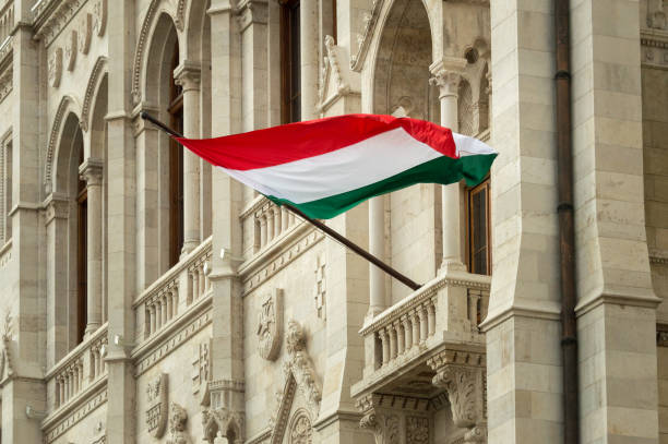 bandiera ungherese alla camera del parlamento ungherese a budapest - hungarian flag foto e immagini stock