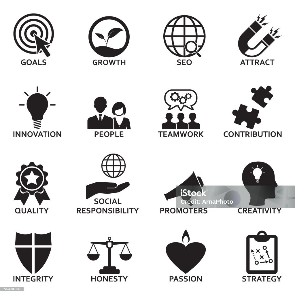 Company Core Values Icons. Black Flat Design. Vector Illustration. Core Values, Business, Productivity, Goals, Company Icon Symbol stock vector