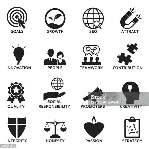 Company Core Values Icons Black Flat Design Vector Illustration Stock Illustration - Download Image Now