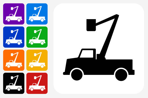 Electrician Truck Icon Square Button Set Electrician Truck Icon Square Button Set. The icon is in black on a white square with rounded corners. The are eight alternative button options on the left in purple, blue, navy, green, orange, yellow, black and red colors. The icon is in white against these vibrant backgrounds. The illustration is flat and will work well both online and in print. indigo truck stock illustrations