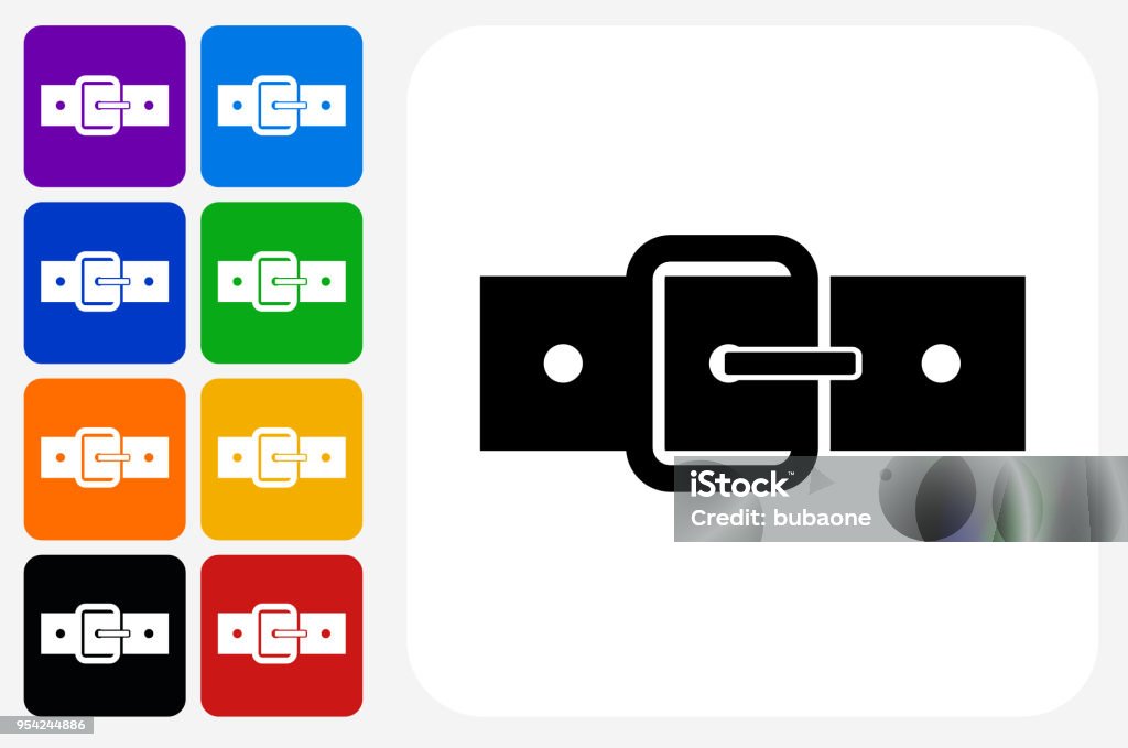 Belt Icon Square Button Set Belt Icon Square Button Set. The icon is in black on a white square with rounded corners. The are eight alternative button options on the left in purple, blue, navy, green, orange, yellow, black and red colors. The icon is in white against these vibrant backgrounds. The illustration is flat and will work well both online and in print. Belt stock vector