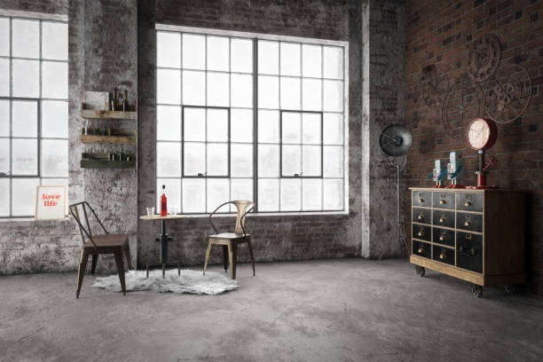 Cozy Industrial Style Interior Digitally generated warm and cozy industrial style interior design.

This interior design illustrates the epitome of luxury and wealth.

The scene was rendered with professional shaders and lighting in Autodesk® 3ds Max 2016 with V-Ray 3.6. industrial style photos stock pictures, royalty-free photos & images