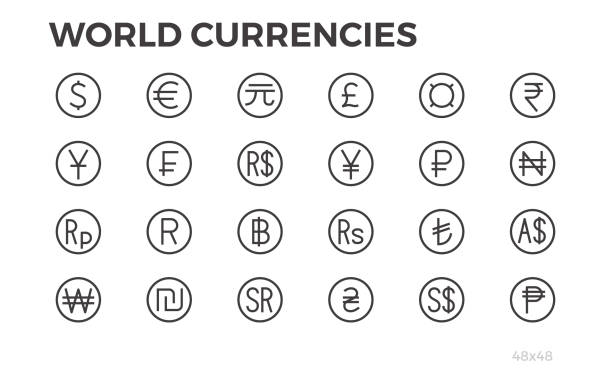 ilustraciones, imágenes clip art, dibujos animados e iconos de stock de iconos de la modernidad. dólar, euro, yuan y otros símbolos. 48 x 48. línea editable. - coin china japanese currency finance