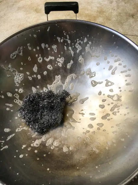 Wet steel wool for washing on flying pan