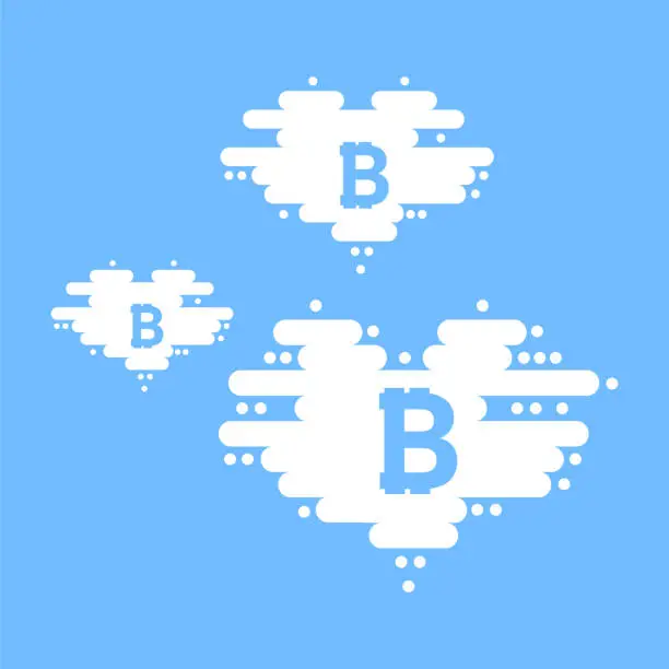 Vector illustration of Bitcoin in cloud in the shape of a heart with shadow and blue sky background