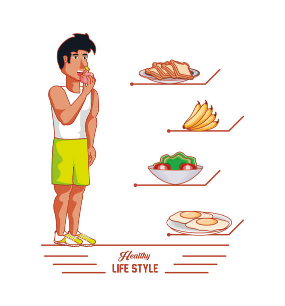 młody sportowiec trenuje sport z ikonami zdrowego stylu życia - symbol food salad icon set stock illustrations