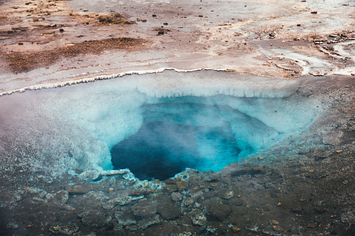 Close-up of the geysir pool in Geysir geothermal field in Iceland.