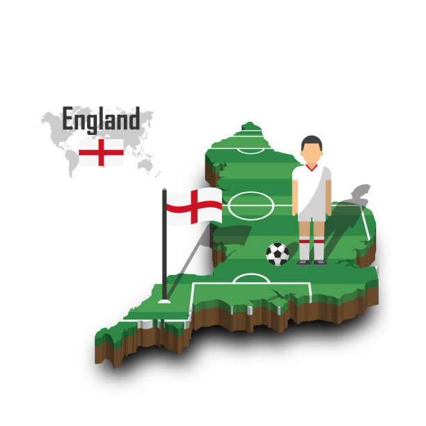 сборная англии по футболу . футболист и флаг на 3d дизайн страны карте - england map soccer soccer ball stock illustrations