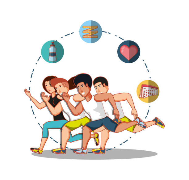 ilustrações de stock, clip art, desenhos animados e ícones de young athletes training sport with healthy lifestyle icons - symbol computer icon calendar icon set