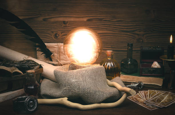 istock Crystal ball and tarot cards. Fortune teller magic table. Future reading concept. 954270808
