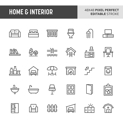 30 thin line icons associated with home & interior. Symbols such as home furniture, types of room and home appliances are included in this set. 48x48 pixel perfect vector icon & editable vector.