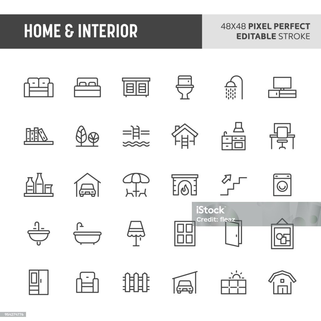 Home & Interior Icon Set 30 thin line icons associated with home & interior. Symbols such as home furniture, types of room and home appliances are included in this set. 48x48 pixel perfect vector icon & editable vector. Icon Symbol stock vector