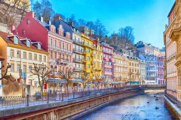 Karlovy Vary, Czech Republic street view, houses and river in famous spa town