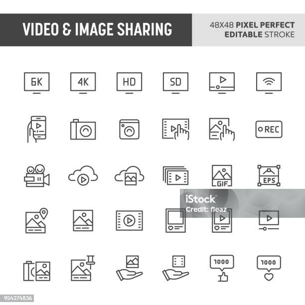 Vetores de Vídeo Amp Imagem Ícone De Compartilhamento Do Conjunto e mais imagens de Ícone de Computador