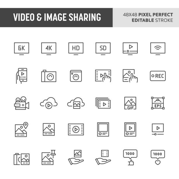 Video & Image Sharing Icon Set 30 thin line icons associated with video & image sharing. Symbols such as audio-video device and pictures are included in this set. 48x48 pixel perfect vector icon & editable vector. outline photos stock illustrations
