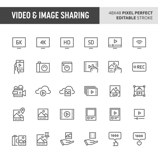 Video & Image Sharing Icon Set 30 thin line icons associated with video & image sharing. Symbols such as audio-video device and pictures are included in this set. 48x48 pixel perfect vector icon & editable vector. stroking photos stock illustrations