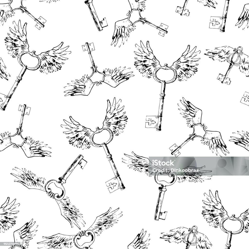 Flying Magic Keys Vector Seamless Pattern Birds Beautiful Win Stock ...