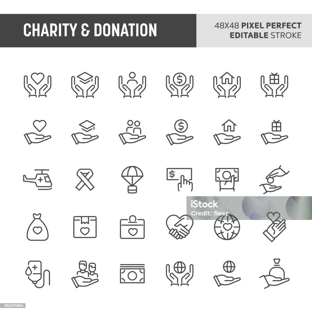 Charity & Donation Icon Set 30 thin line icons associated with charity & donation. Symbols such as giving money, donating blood and other aid or relief related objects are included in this set. 48x48 pixel perfect vector icon & editable vector. Icon Symbol stock vector
