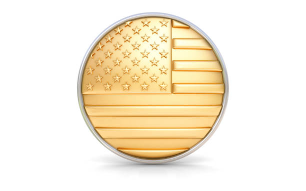 Round monochrome golden flag of the USA with more reflections, 3d render
