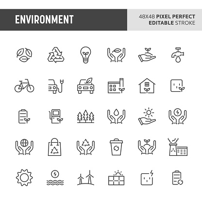 30 thin line icons associated with environment. Symbols such as green & eco-friendly symbol are included in this set. 48x48 pixel perfect vector icon & editable vector.