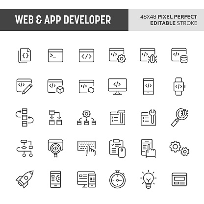 30 thin line icons associated with web & app developer. Symbols such as code editor, IDE,  and other programming related items are included in this set. 48x48 pixel perfect vector icon & editable vector.