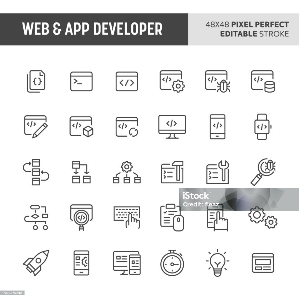 Web & App Developer Icon Set 30 thin line icons associated with web & app developer. Symbols such as code editor, IDE,  and other programming related items are included in this set. 48x48 pixel perfect vector icon & editable vector. Icon Symbol stock vector