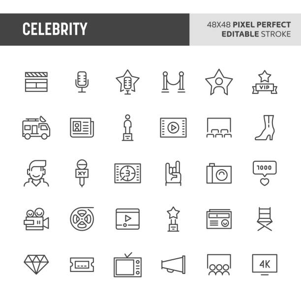 Celebrity Icon Set 30 thin line icons associated with celebrity. Symbols such as awards, superstars and movie equipments  are included in this set. 48x48 pixel perfect vector icon & editable vector. fame stock illustrations