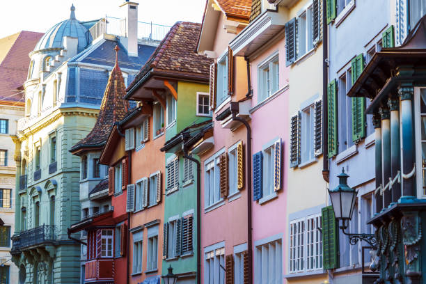 Picturesque houses of a city with colorful shutters, Zurich, Switzerland Picturesque houses of a medieval city with colorful shutters, Zurich, Switzerland zurich photos stock pictures, royalty-free photos & images