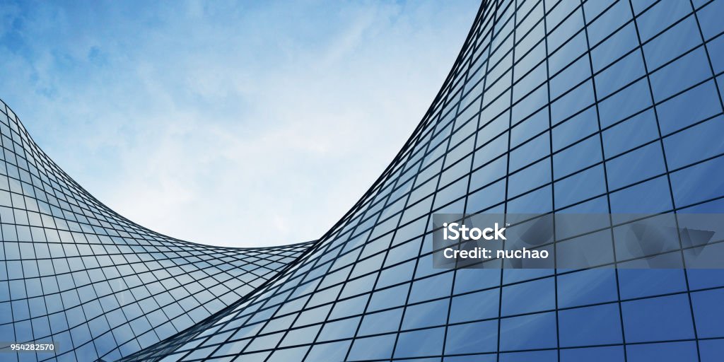 View of the clouds reflected in the curve glass office building. 3d rendering Architecture Stock Photo