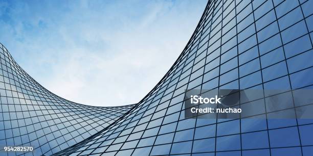 View Of The Clouds Reflected In The Curve Glass Office Building 3d Rendering Stock Photo - Download Image Now