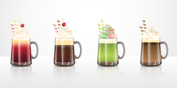 Collection of ice cream float drinks recipes in clear glass mugs, ideas for summer party beverages. Vector illustration.