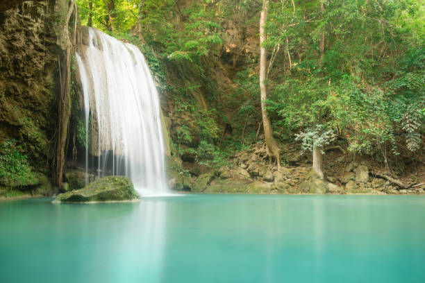 This is a horizontal color photograph of the lush landscape of Southeast Asia travel destination, Erawan Falls National Park in the Kanchanaburi province of Thailand. There are no people.