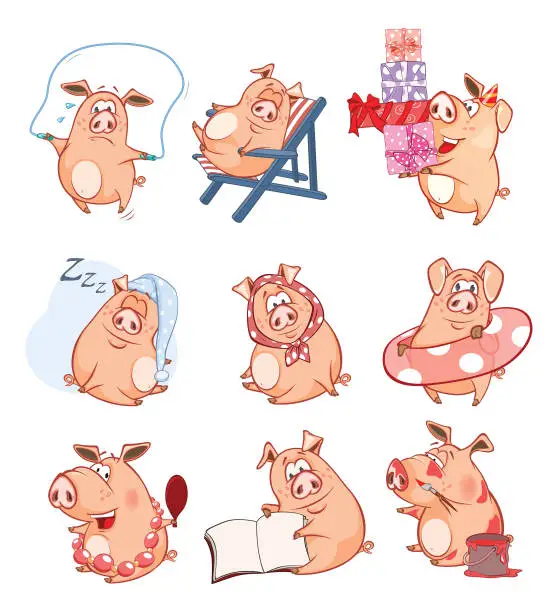 Vector illustration of Set of Cartoon Illustration Cute Pigs in Different Poses for you Design Cartoon Character