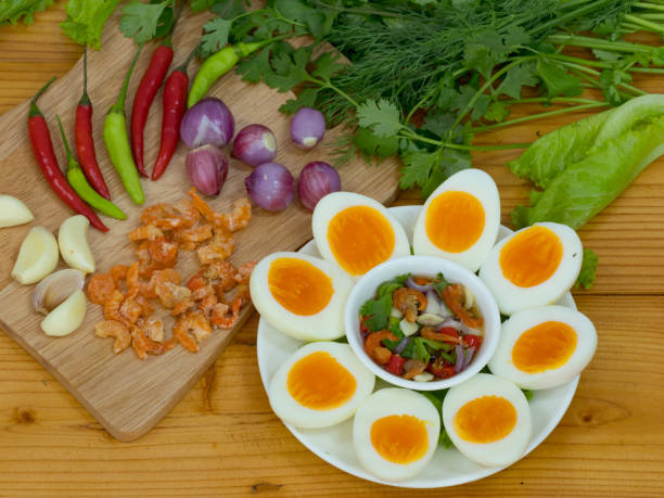 istock Boiled egg  with 
ingredient of Thai chilli sauce 954291104