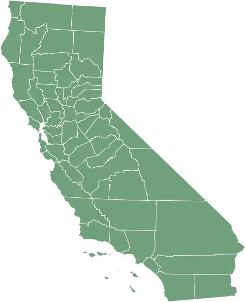 Vector illustration of California county map vector outline illustration green background. California state of USA county map. Map of California county state of United States of America