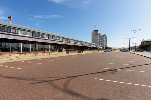 Perth, Australia - December 10, 2015: E-Shed Markets Fremantle, Western Australia. Exterior of Fremantle’s waterside market and car park.
