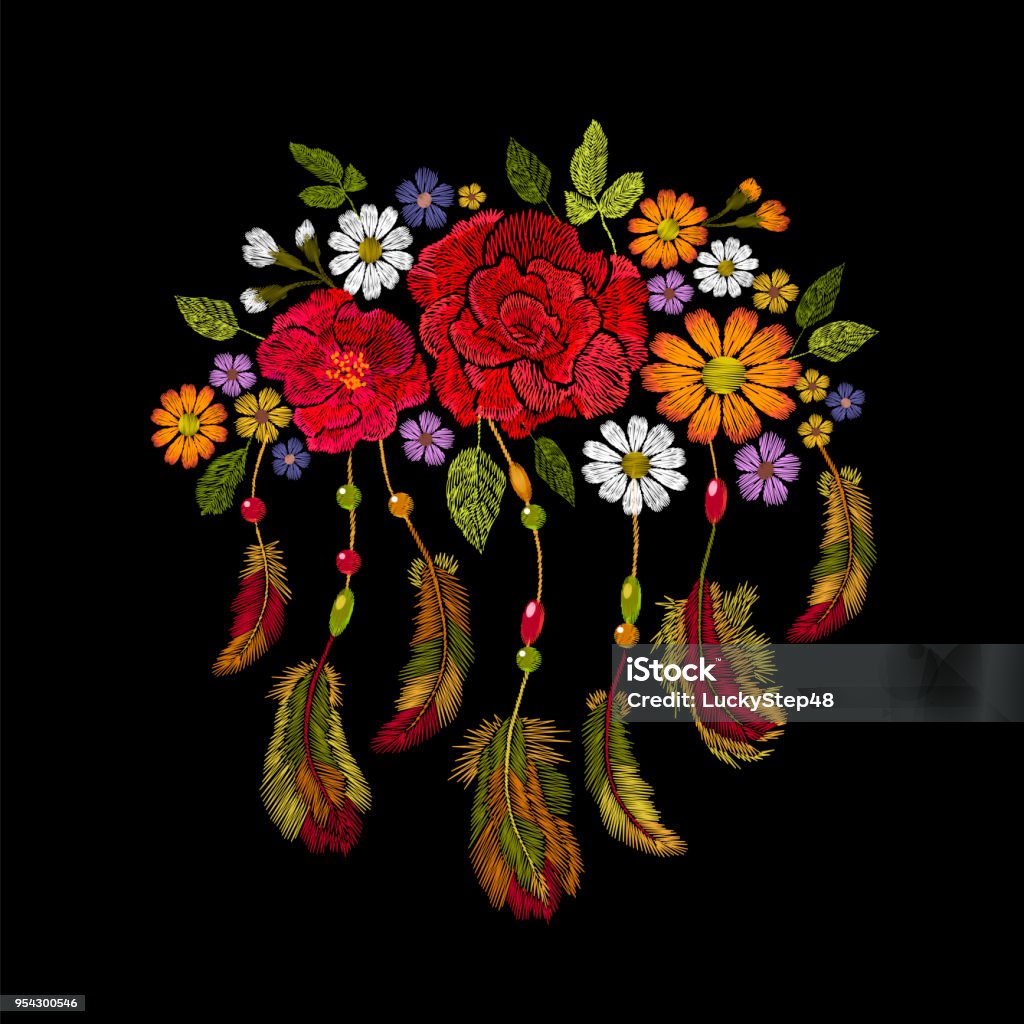 Embroidery boho native american indian feathers flowers arrangement. Clothes ethnic tribal fashion design decoration patch. Fashionable template vector illustration Embroidery boho native american indian feathers flowers arrangement. Clothes ethnic tribal fashion design decoration patch. Fashionable template vector illustration art Embroidery stock vector